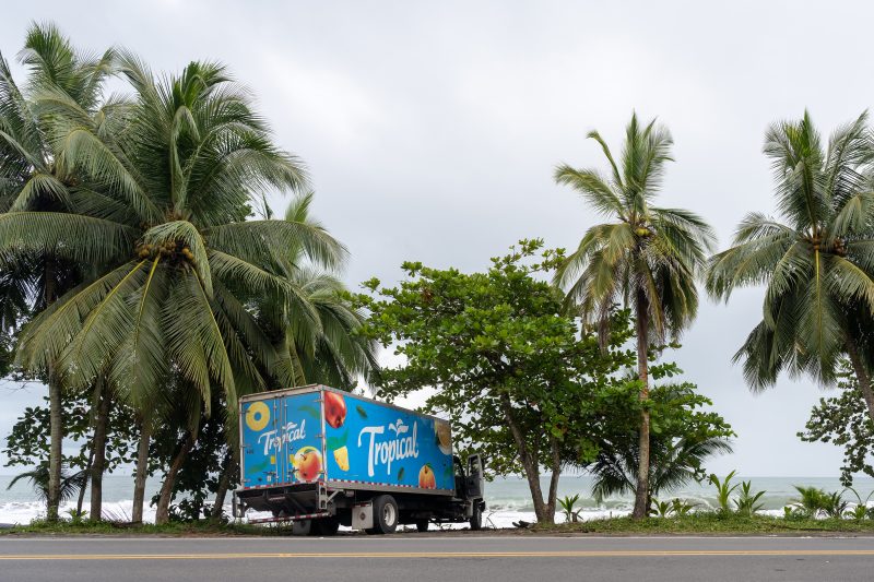 Tropical beach scene with ocean and lush green trees. Puerto Viejo de Talamanca, Costa Rica, 2024, © Dirk Heurich, dirksn.com
