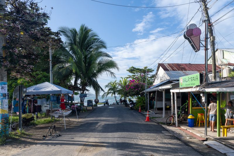 Tropical beach scene with ocean and lush green trees. Puerto Viejo de Talamanca, Costa Rica, 2024, © Dirk Heurich, dirksn.com