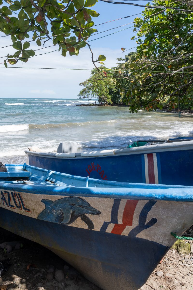 Tropical beach scene with ocean and lush green trees. Puerto Viejo de Talamanca, Costa Rica, 2024, © Dirk Heurich, dirksn.com