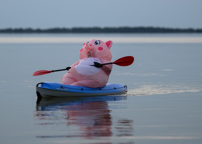 Kayaking pink plush toy on calm lake Copyright Dirk Heurich dirksn.com